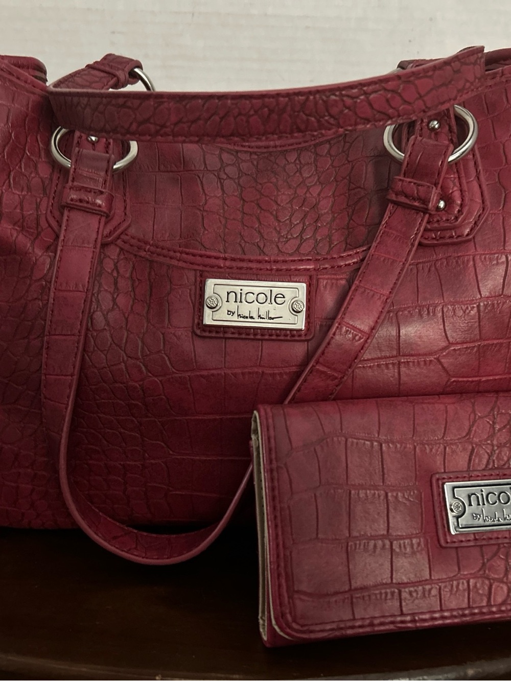 Y2K Nicole by Nicole Miller Raspberry Croc-Embossed Shoulder Tote with Wallet